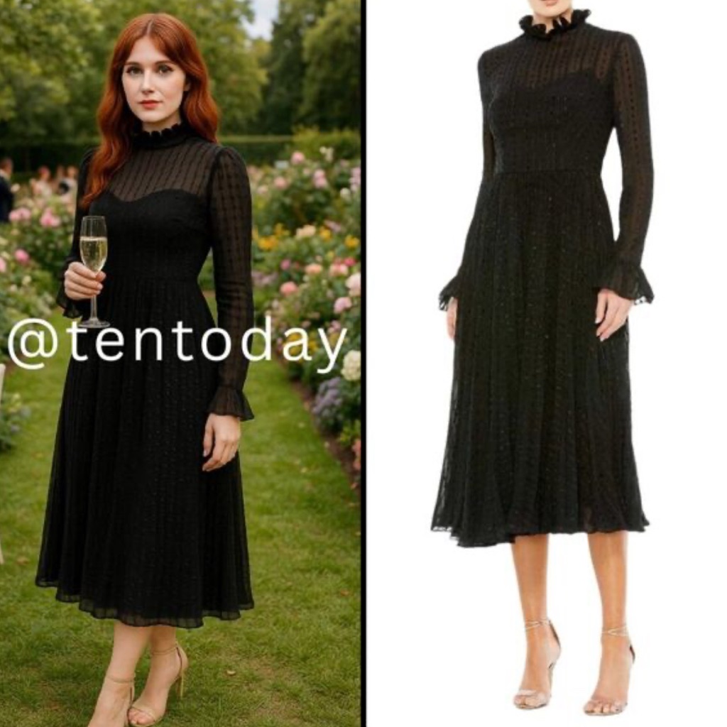 Ieena For Mac Duggal Black Embroidered Long Sleeve Ruffle Dress Size 4 Elegant